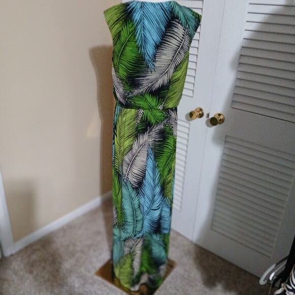 London Style Collection Med Sleeveless Slit Green/Blue Tropical print Maxi Dress - Picture 7 of 14